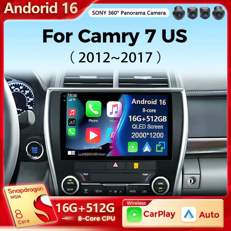 Radio para Auto Android 16 con Android Auto para Toyota Camry 7 XV 50 55 Versión Estadounidense 2012 - 2017 Reproductor Multimedia Carplay Estéreo 48EQ GPS