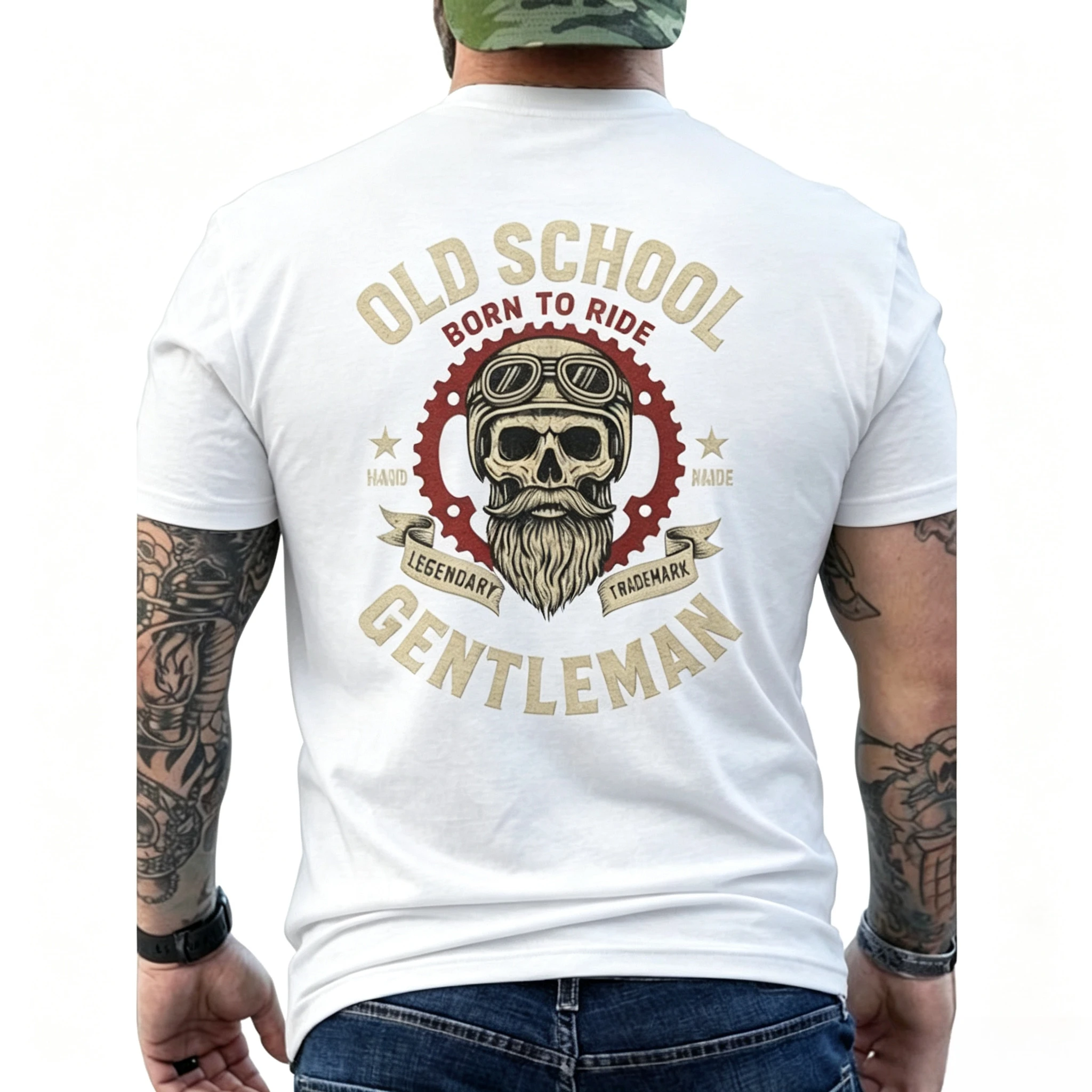 Family Matching Black Old School Biker Bearded Skull Helmet Gear Wheel Back Print Vintage Born To Ride Badge Art Short SleeveTee