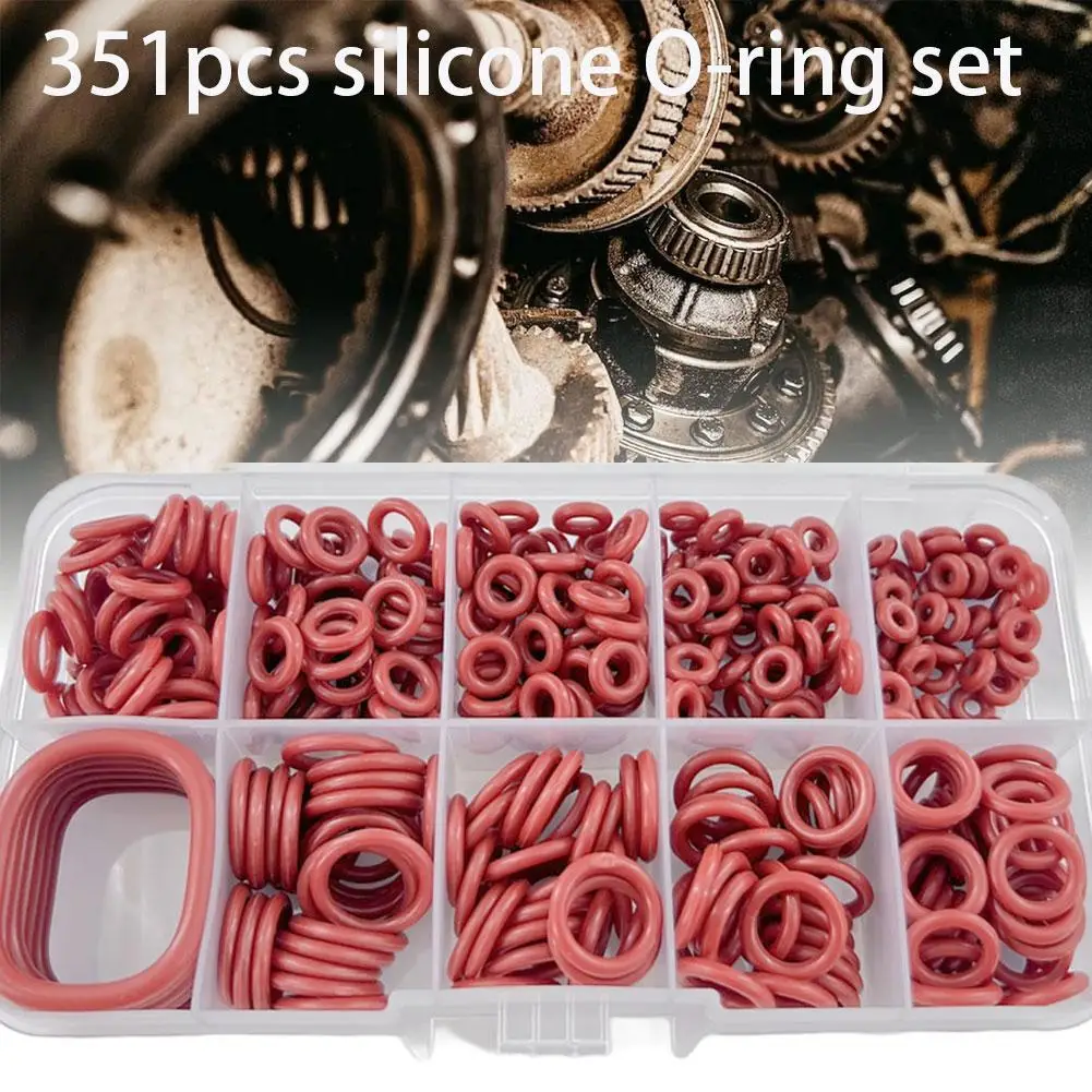225/351Pcs Red Silicone O Rings Oil & High Temperature Resistant Rubber Sealing Washers Assortment Set For Plumbing Automotive