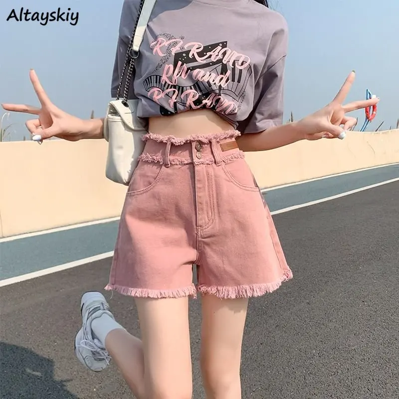 

Pink Ripped Denim Shorts Women High Waist Hot Girls Loose Sweet All-match Casual Summer New Prevalent Young Ulzzang Ins Vintage