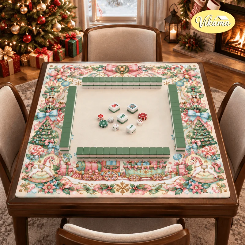 VIKAMA Christmas Train Mahjong Table Mat Non Slip Foldable Game Mat for Dining Room Family Game Night Holiday Party Gift