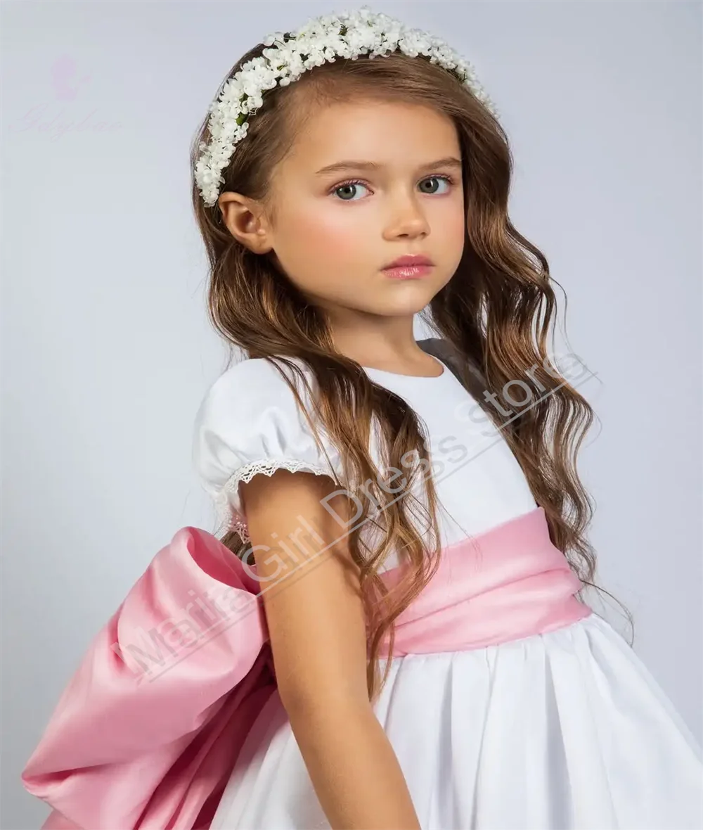 

Элегантные вечерние платья 2025 года, свадебное платье с розовым бантом и поясом, милое платье с цветочным узором для девочек, белое атласное платье с короткими рукавами на день рождения, настраиваемый