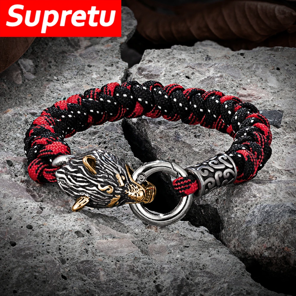 Pulsera de supervivencia de lobo celta vikingos nórdicos para hombre, pulsera de cuerda trenzada hecha a mano de acero inoxidable, amuleto de cabeza de lobo Vintage, joyería