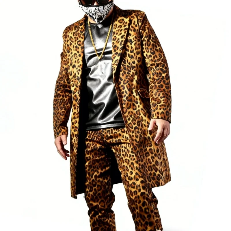 

Мужской длинный пиджак с леопардовым принтом, костюм для певца, концертный наряд в стиле панк-рок, костюм для выступлений в баре, для танцоров, для звезд, для вечеринок, сценический наряд
