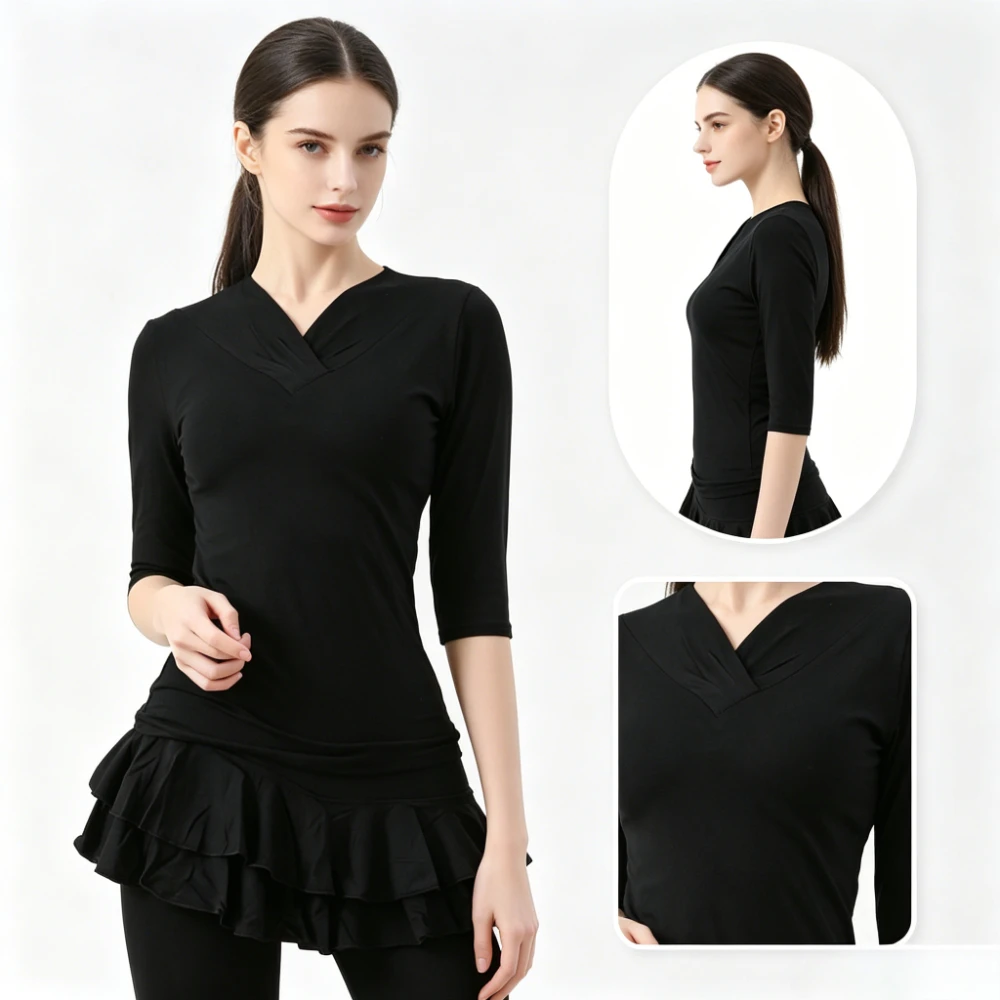 

Elegant Autumn Dance Costume, Women Long Sleeve V Neck Black Top Modern Body Dance Wear for Training Daily Practice Performance