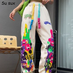 Graffiti Cartoon Print Sweatpants Women Pants 2024 Autumn Y2k Clothes Casual Cotton Lace Up Jogger Pants Sportwear Streetwear