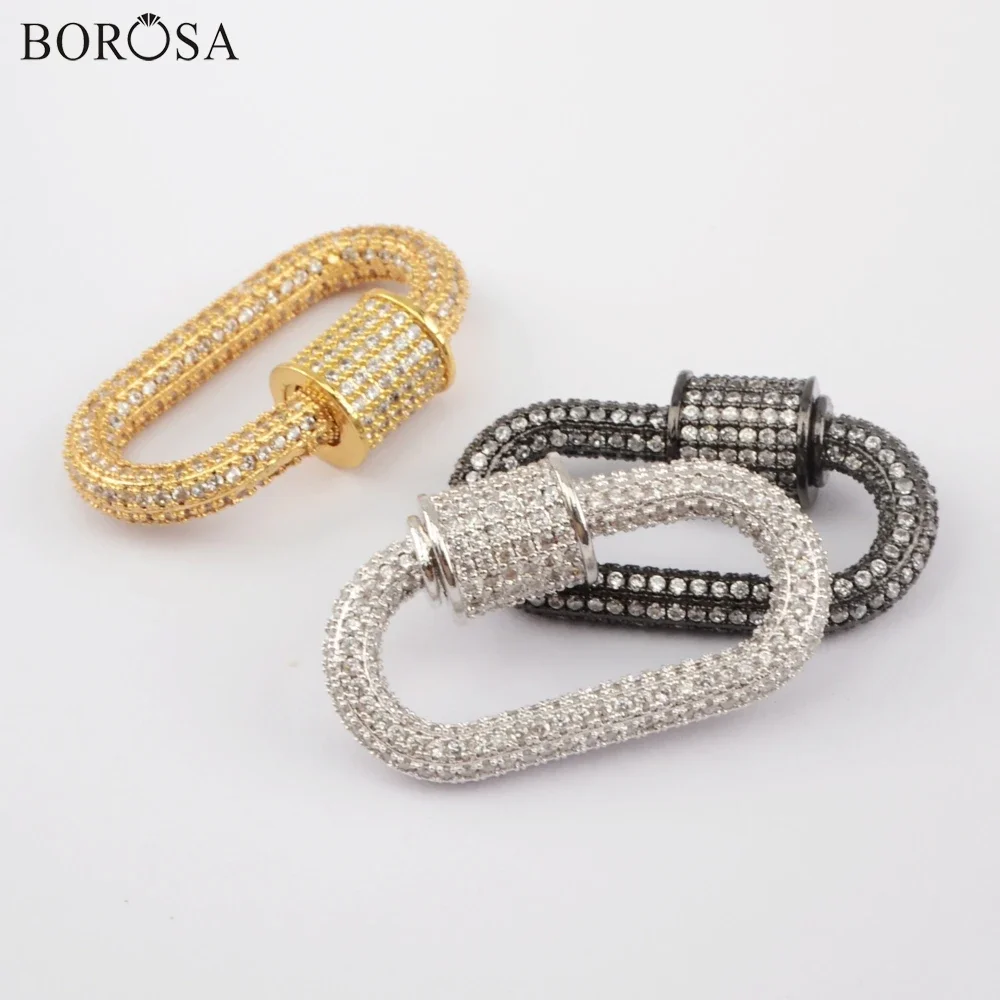 BOROSA Minimalist Screw Metal Clasp Crystal Zirconia Oval Shaped Charm Spiral Golden Color Hook Accessories for Necklace Pendant