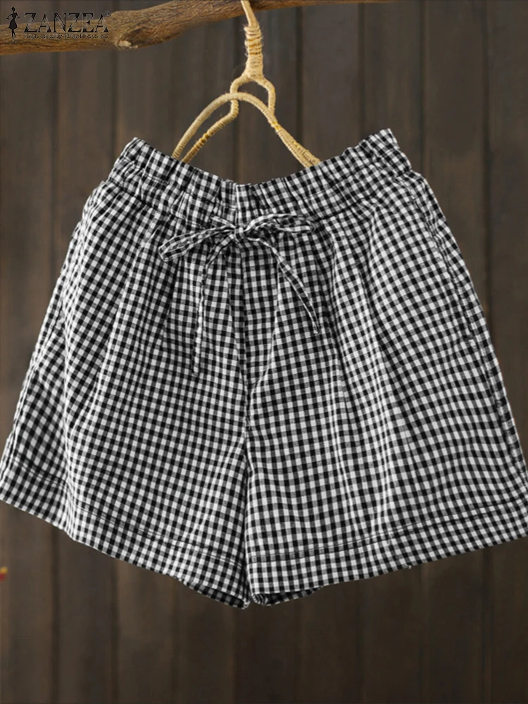 

ZANZEA Elastic Waist Plaid Shorts Casual Korean Style Buttons Summer Short Pants 2025 Fashion Vintage Pockets Bottoms Oversized