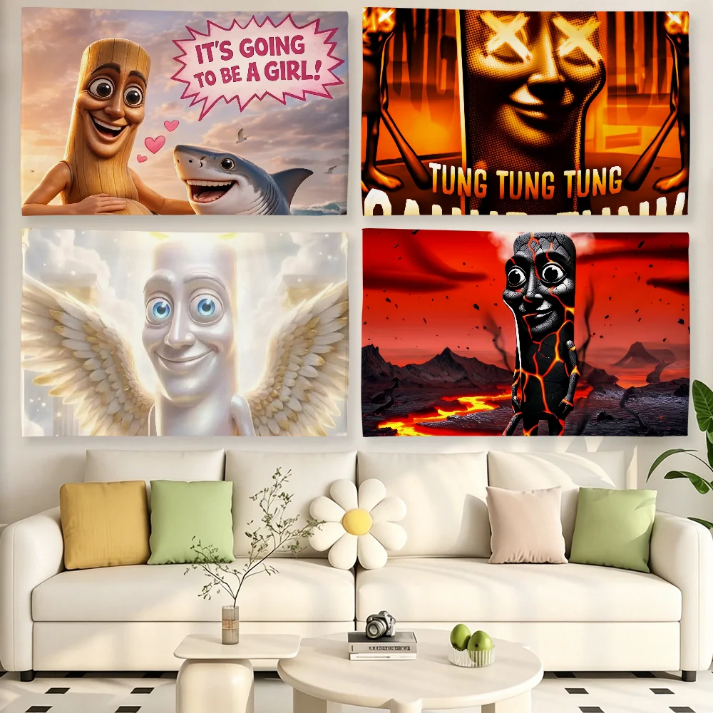 T-Triple T Meme Tung Tung Tung Sahur Flagge für Wohnzimmer, Zuhause, Wohnheim, Dekoration, Wand, Outdoor, Camping, Party, Banner, Geschenke