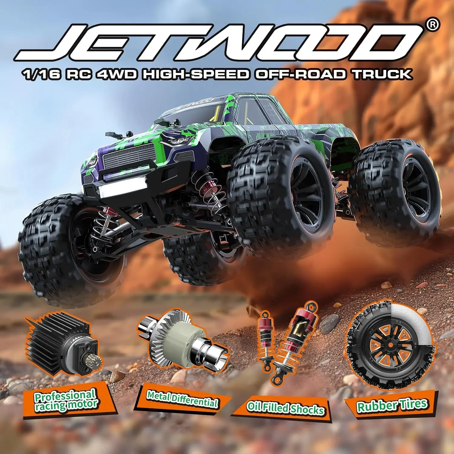 1/16 RC Car for Boys and Adults, 38kph 4WD Ready to Run Hobby RC Truck with 2 Batteries, Off Road Remote Control Monster Truck
