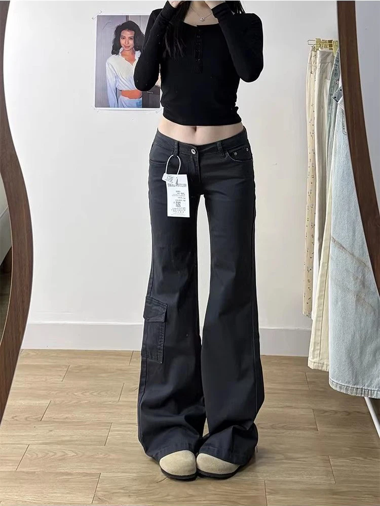 Low Rise Micro Flare Jeans Women Gray Slim Fit Multi-Pocket Denim Pants Hot Girl Vintage Cargo Jeans Fashion Y2K Streetwear