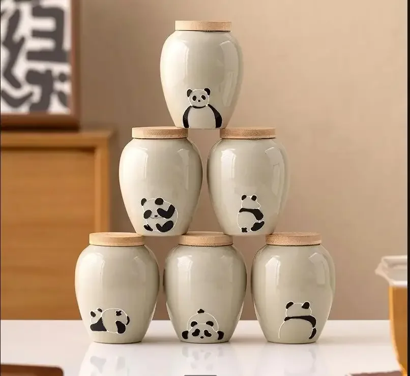 Panda Ceramic Tea Can Wooden Cover Tea Caddy Sealed Tank Storage Tank Tea Organizer Storage Box Tea Box Tea Container Tea Jar