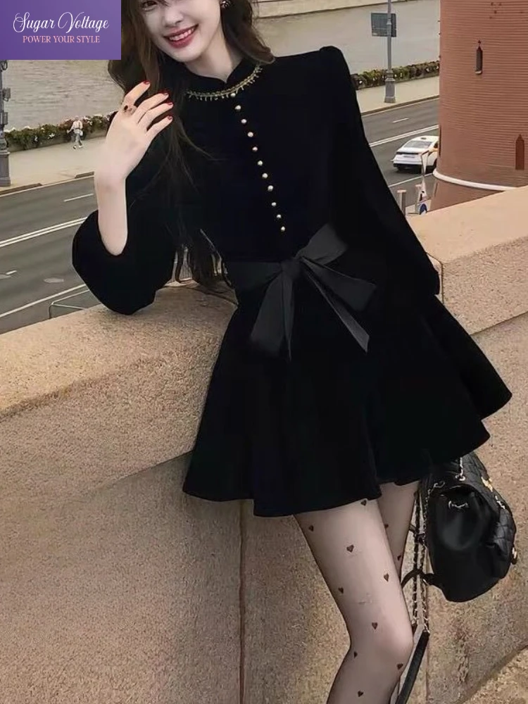 خمر Harajuku الحلو Y2k فستان المرأة سليم صالح كم طويل القوس المخملية ألف خط فستان ريترو الخريف فساتين راقية أنيقة غير رسمية