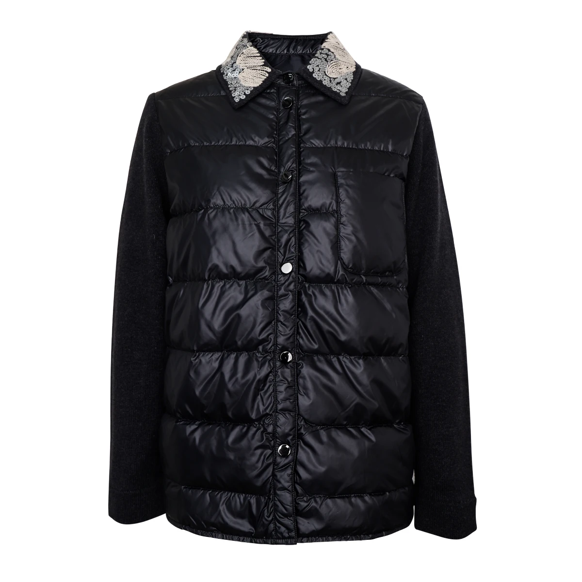 BC911 Polo collar spliced 100% cashmere long sleeve single breasted white goose down jacket for women