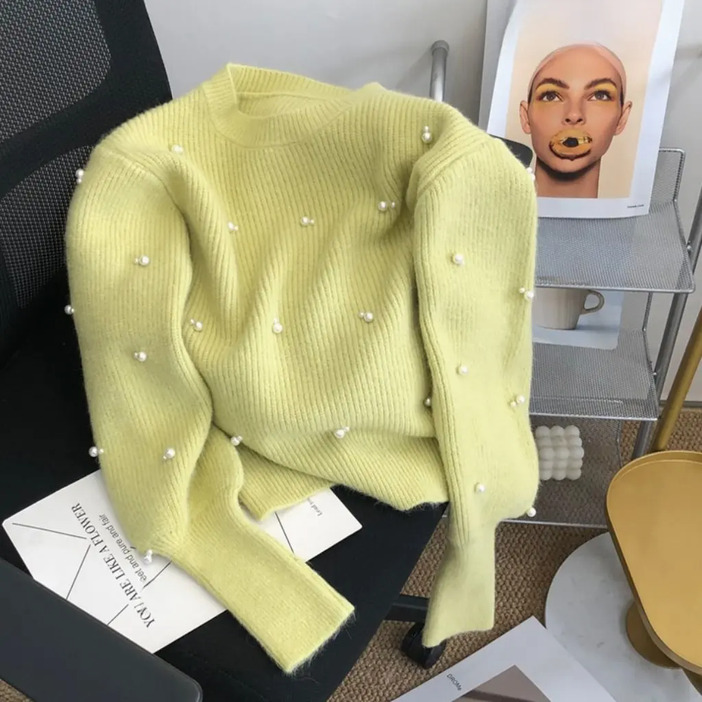 

Japanese Style Soft Waxy Pullover Short Gentle Sweater Simple Solid Color Knitted Sweater with Little Pearl Winter New