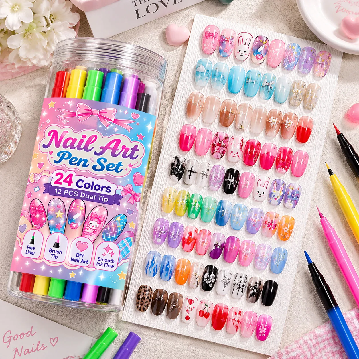 24Color Nail Art Pens Double Headed Polish Set for Girls Women Kids DIY Painting Graffiti Marker Dopamine Color Beginner Tools