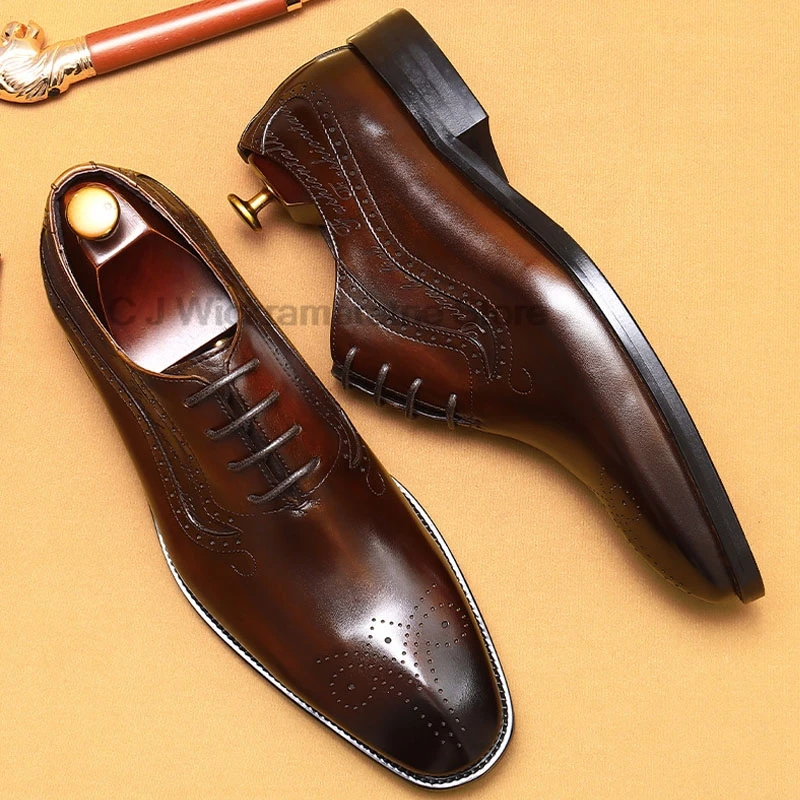 

HKDQ Black and brown Oxfords Calfskin Real Leather Mens Dress Shoes Handcrafted Classic Wedding Party Luxury Formal Shoes