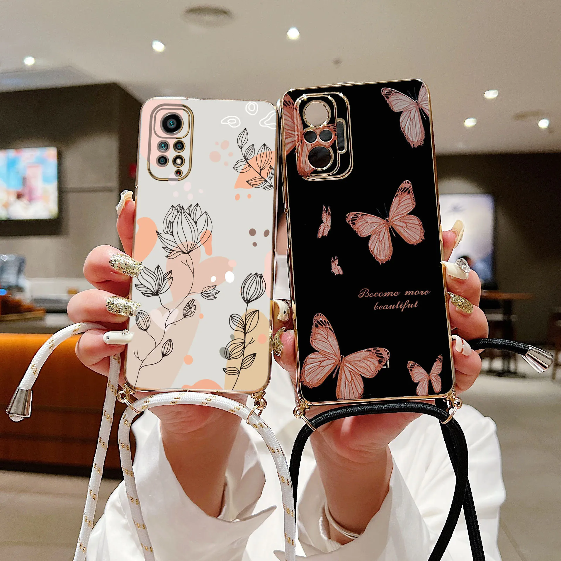 Plant Plating Diagonal Lanyard Phone Case For Xiaomi Redmi Note 11 12 11s 10 10s 8pro 9 Pro Note 10Pro 9C NFC 9A 9T 10 10C Cover