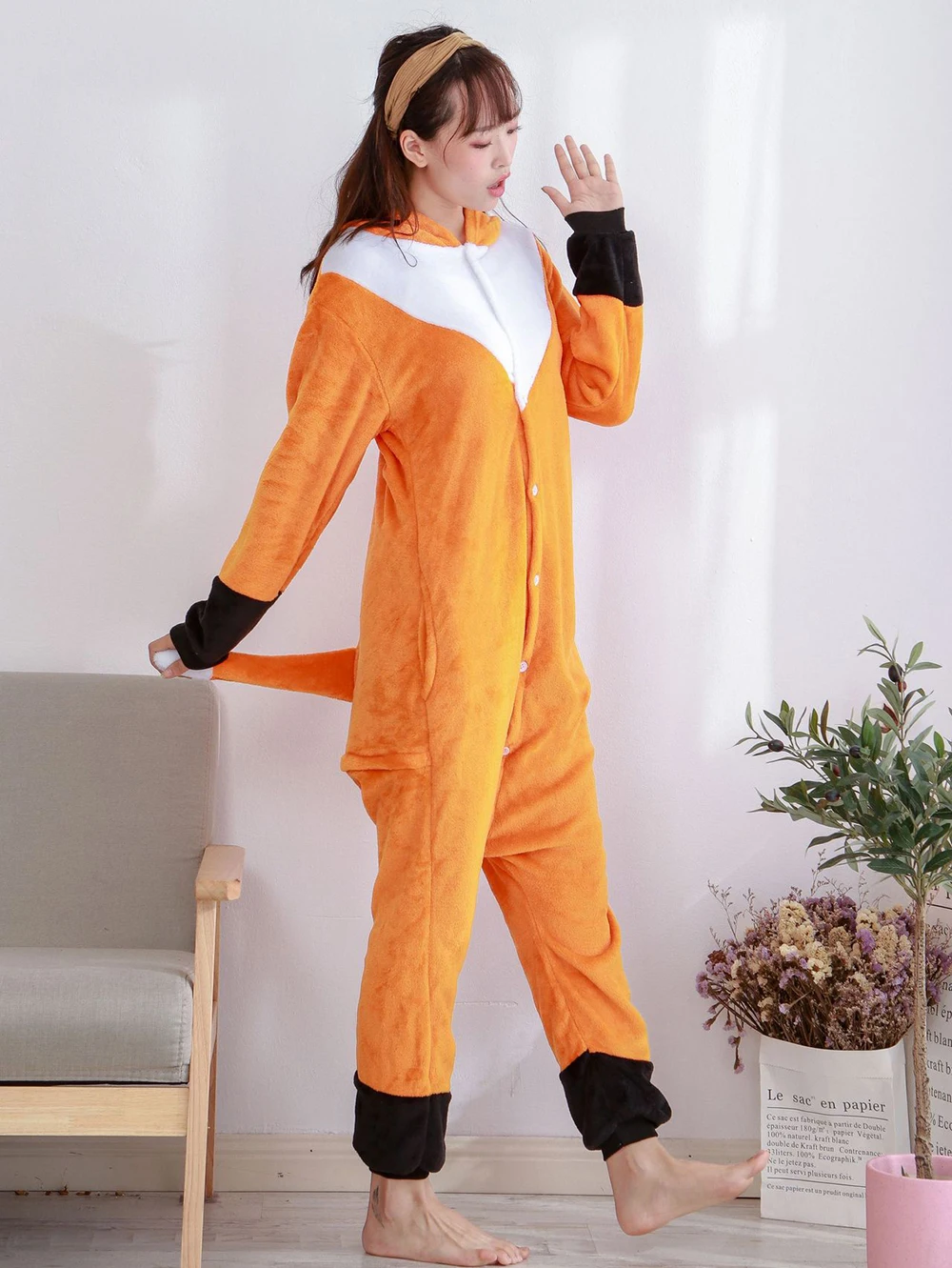 Unisex Adult Flannel Onesie Women and Men Cartoon Halloween Costume Fox Animal Plush One Piece Pajamas Warm Cosplay Jumpsuits