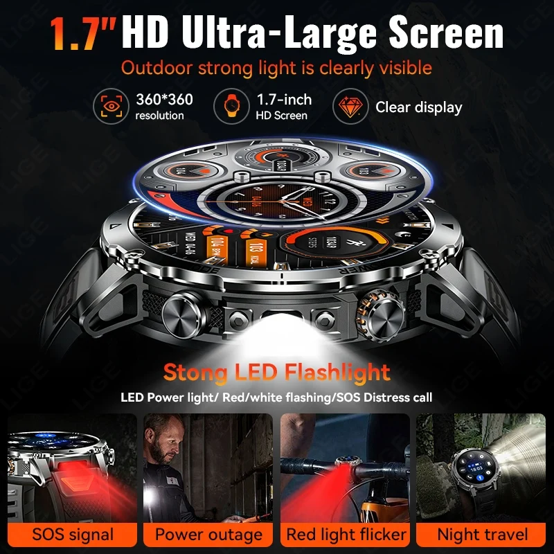 LIGE TANK Ultra Smart Watch 1400mAh Battery Military 10ATM Waterproof Heart Rate Flashlight Sports Bracelet Smartwatch Men Lady