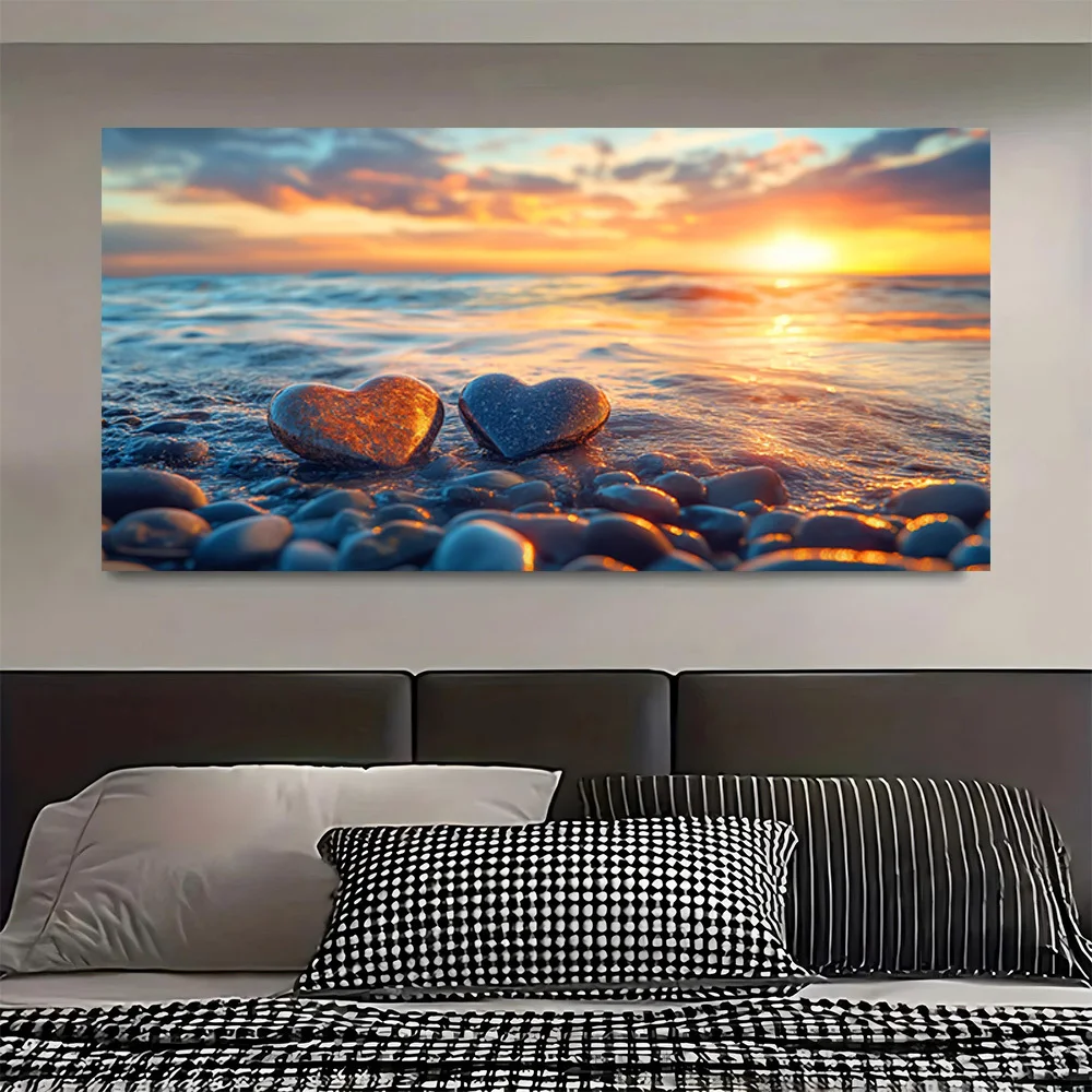 Sunset Heart Stones Beach Decor Frameless  Background Wall Art Canvas Wall Painting Modern Design, Poster, Elegant Home Office D