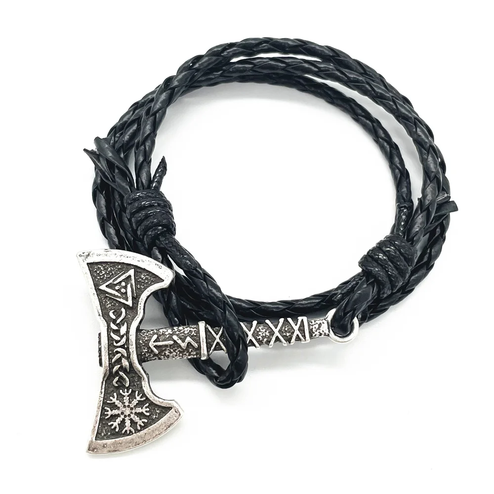 Viking Axe Charm Wolf Raven Amulet Slavic Kolovrat Norse Men\'s Leather Accessories Handmade Braided Wrap Pirate Bracelet