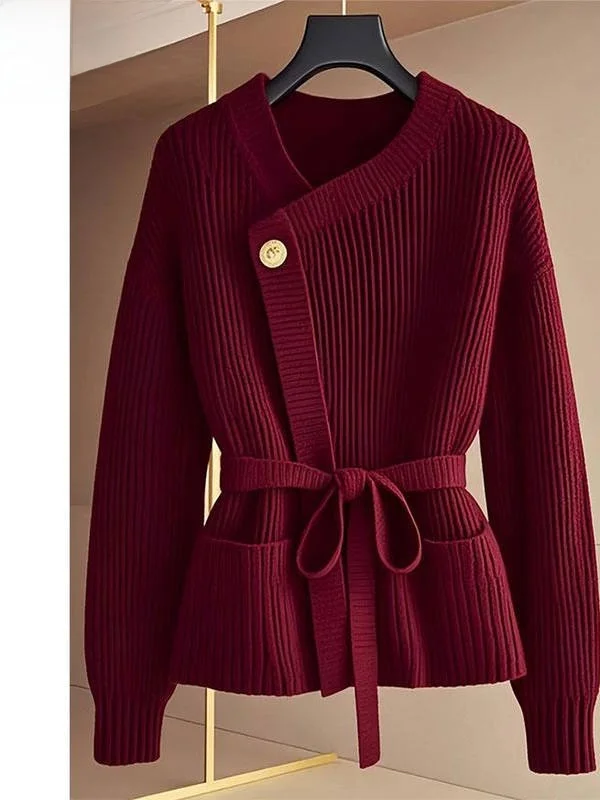 

Red Belted Knitwear Outerwear for Women 2025 Snake Year Fashionable Small Fragrance Style Winter Coat Warmth Heating Long Sleeve