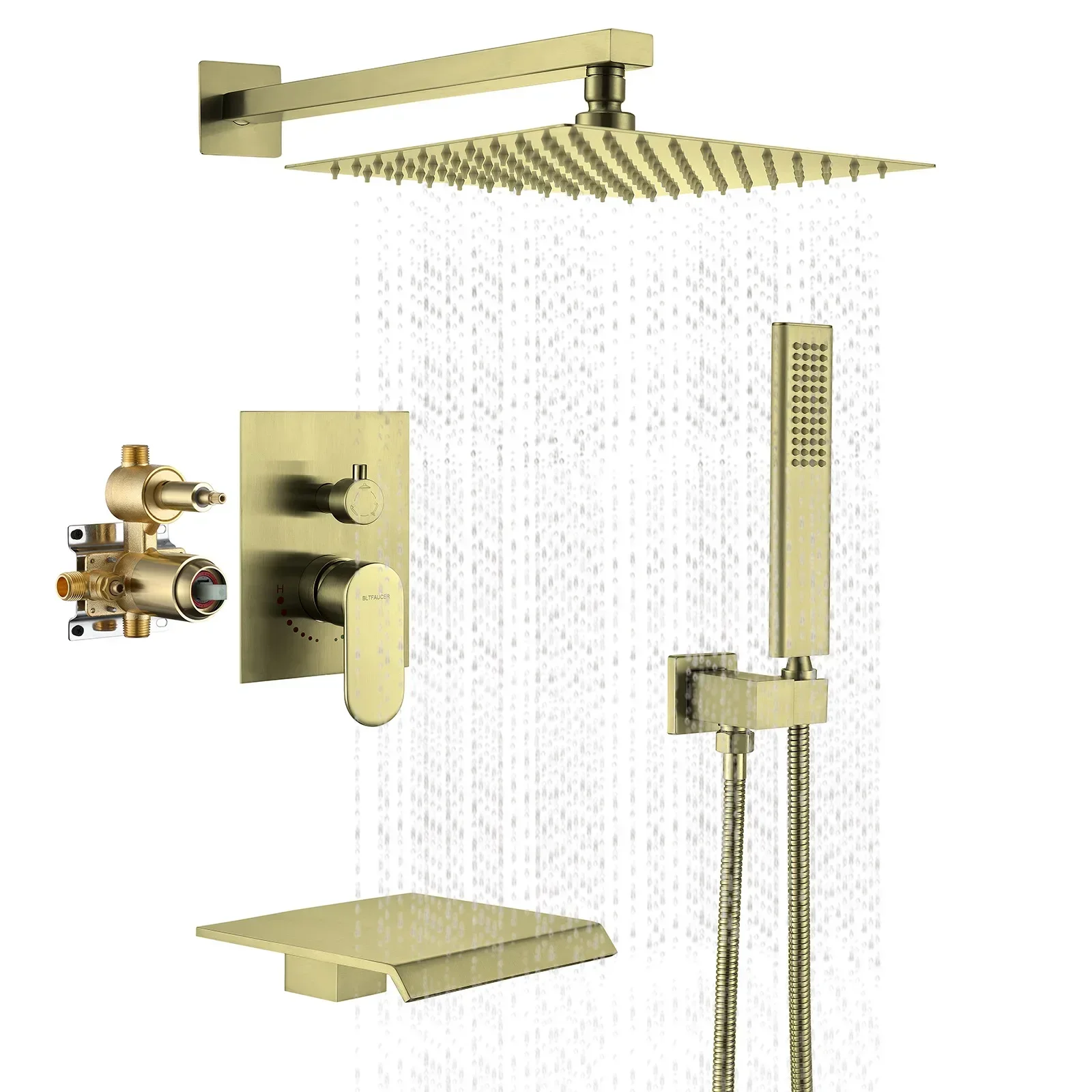 

Brass Rainfall Shower System, 10-Inch Round Head Bathroom Mixer Combo Set with Wall Mounted Shower Head