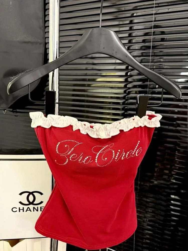 Été nouveau pur désir Sexy fille à pois à volants garniture bustier tubulaire femmes coupe ajustée ort longueur coton mélange débardeur