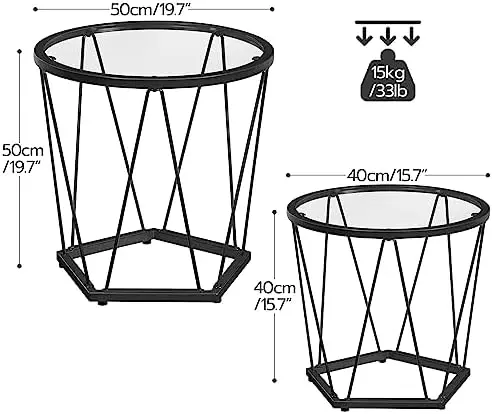 Small Coffee Table Set of 2, Round Coffee End Table with Metal Frame, Glass Top, Black Side Table for Living Room, Bedroom and B