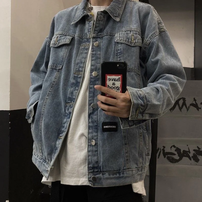 

Мужская джинсовая куртка в стиле ретро в стиле пэчворк, повседневная свободная уличная рабочая одежда Jaet Ins Sle, смесь хлопка и полиэстера