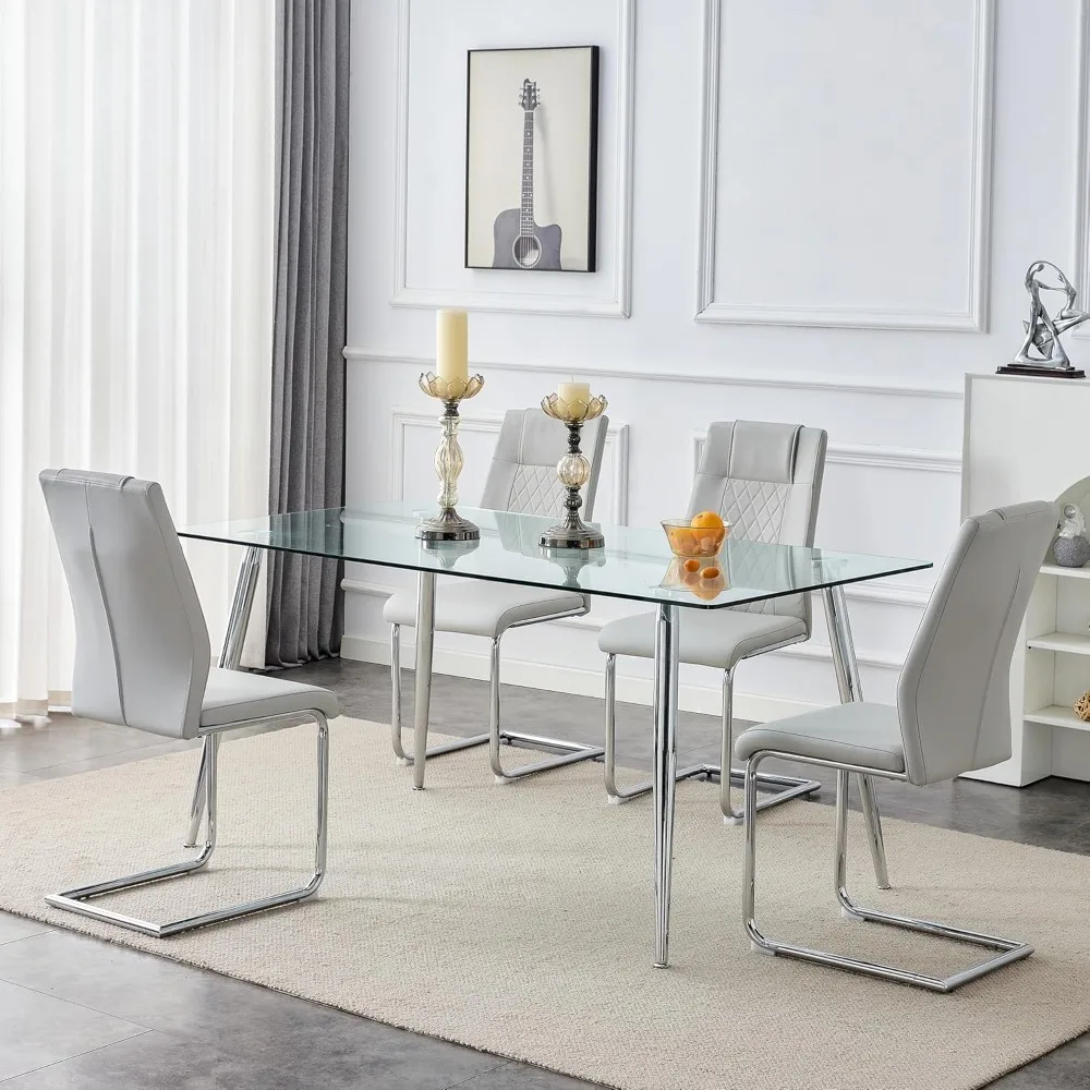 Glass Dining Table Set for 4, Modern Kitchen Table and Chairs Set for 4, 51" Glass Dining Room Table Set with PU Leather Chairs