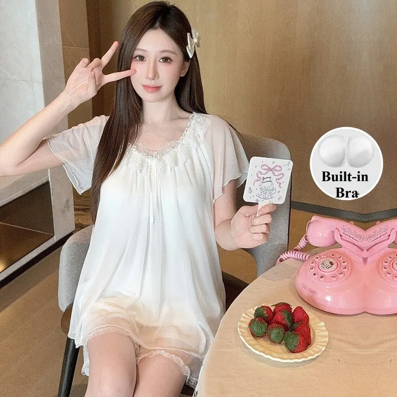 

Summer Solid Lace Sweet Loungewear with Chest Pad Princess Style Mesh Short Sleeve Pajama Set Bra Free Korean Loose Home Clothes