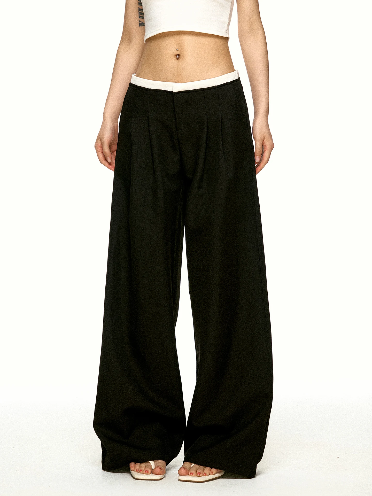 Aaisup Low Waist Wide Leg Suit Pants for Women Black Pleated Drapey Slimming Casual Trousers Autumn Fashion plus Size