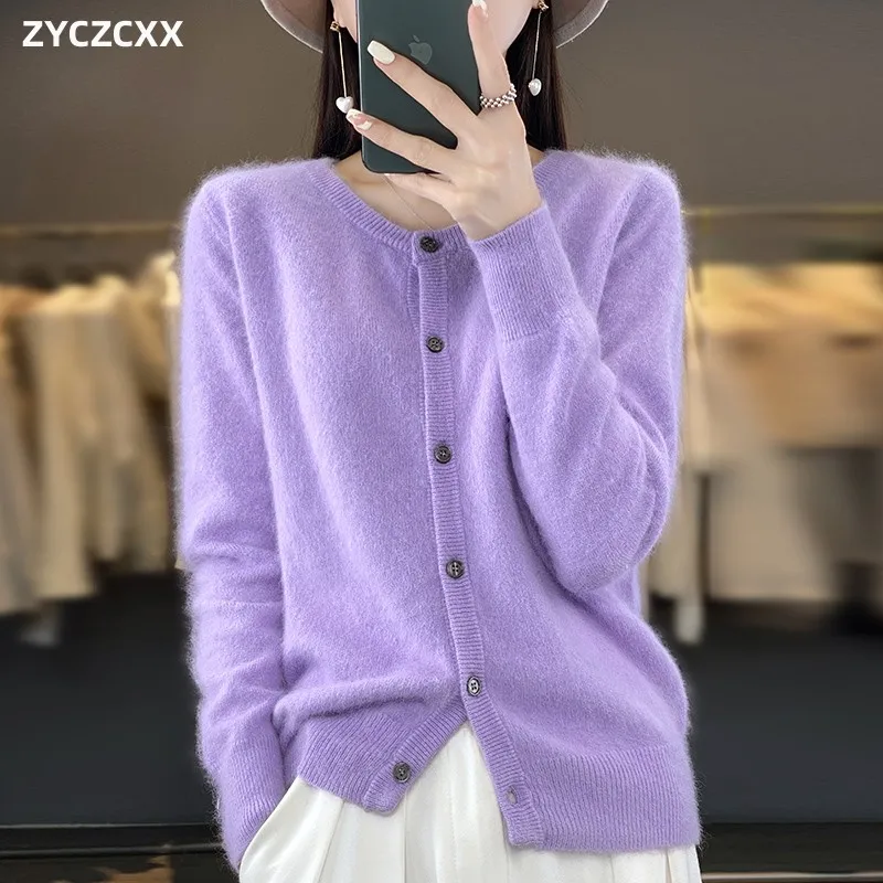 100% Mink Cashmere Women's Cardigan Women's O Neck Ssweater 2023 Autumn/Winter New Thick Knit Cardigan Sweater Women's Jacket