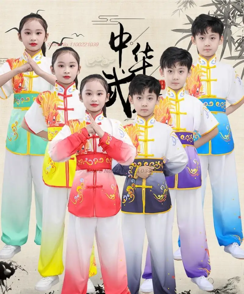 

2024 chinese children tai chi wushu clothes martial arts suit kung fu uniform wing chun shaolin dragon print exercise kungfu set