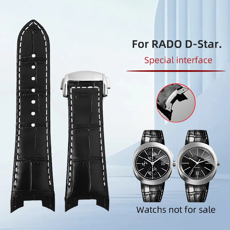 genuine-leather-watch-band-for-rado-d-star-series-26mm-metal-lug-black-black-white-line-fold-buckle-waterproof-wrist-strap