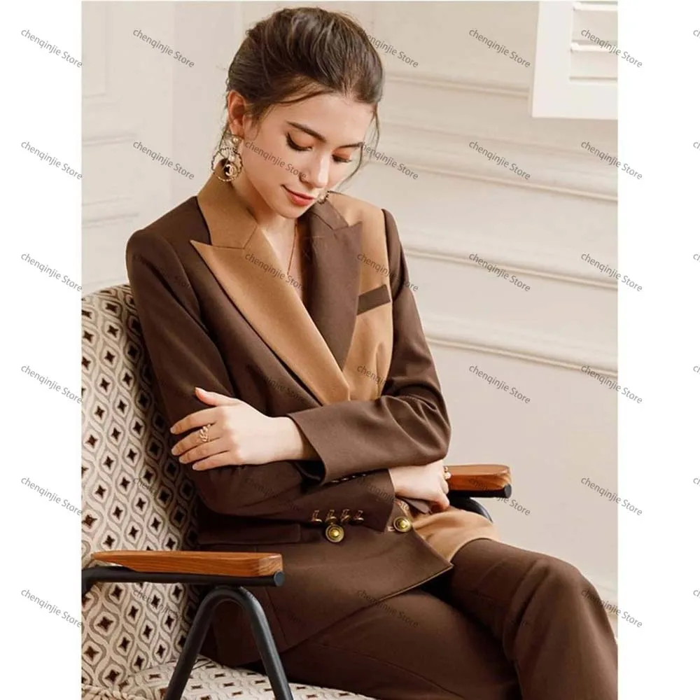 Formal Office Lady Slim Fit 2 Piece Suits Brown Khaki Double Breasted Peak Lapel Blazer Elegant Business Female Tailor Clothing