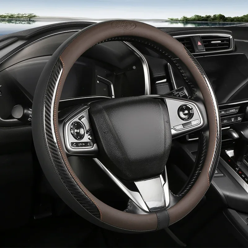 Carbon Fiber Leather Car Steering Wheel Cover 38CM Universal Steering Wheel Cover Car Accessories Interior Non-slip Handle Cover