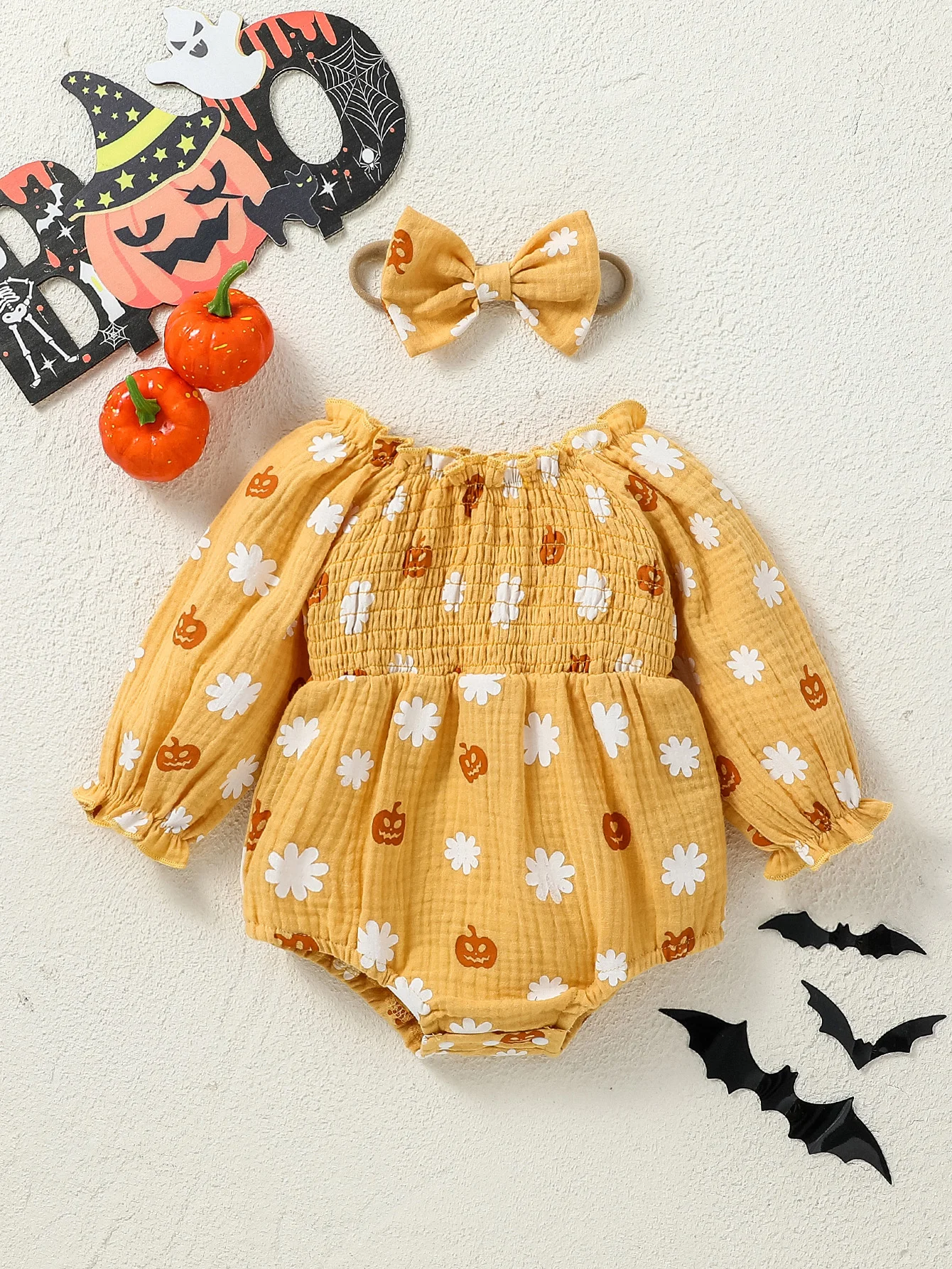 2024 New Style Long Sleeve Cotton Soft Pumpkin For Halloween Day Jumpsuit Newborn-12M