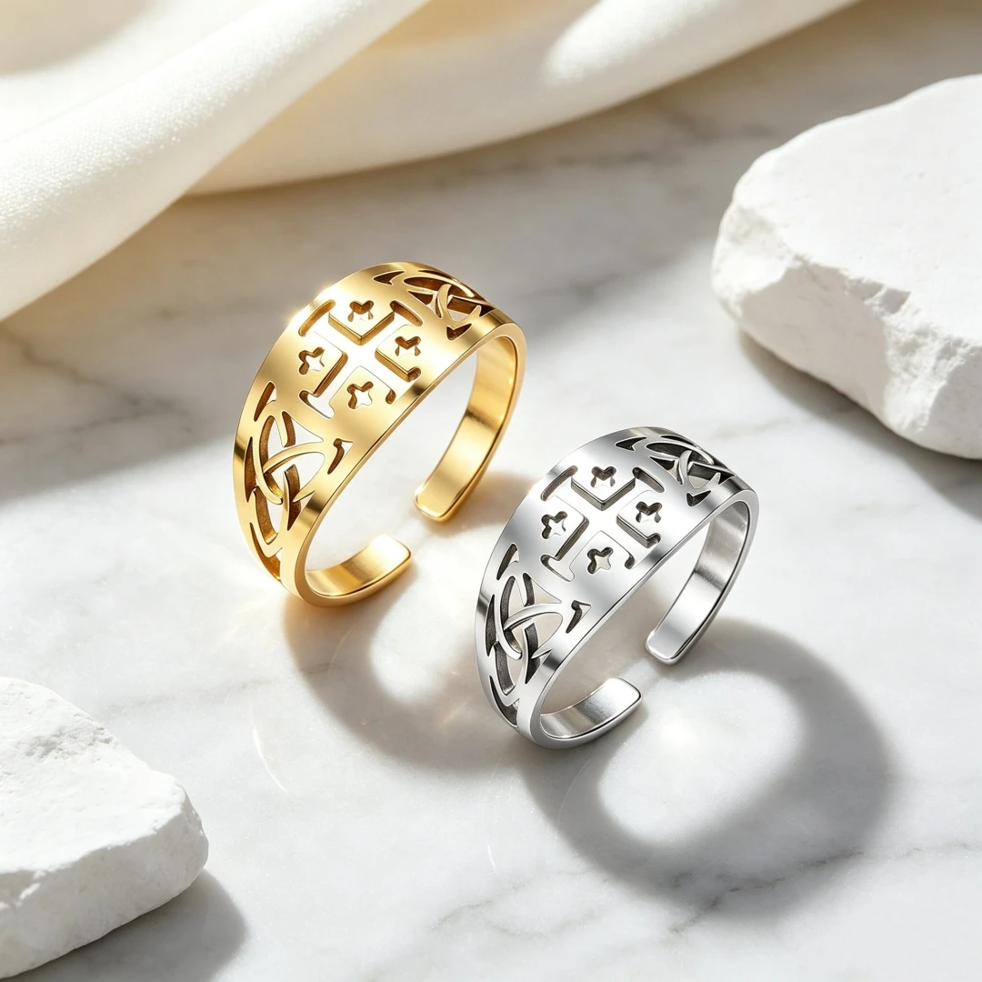 Vintage Celtic Knot Cross Star Open Ring For Women Men Stainless Steel Adjustable Finger Ring Irish Lucky Amulet Jewelry Gift