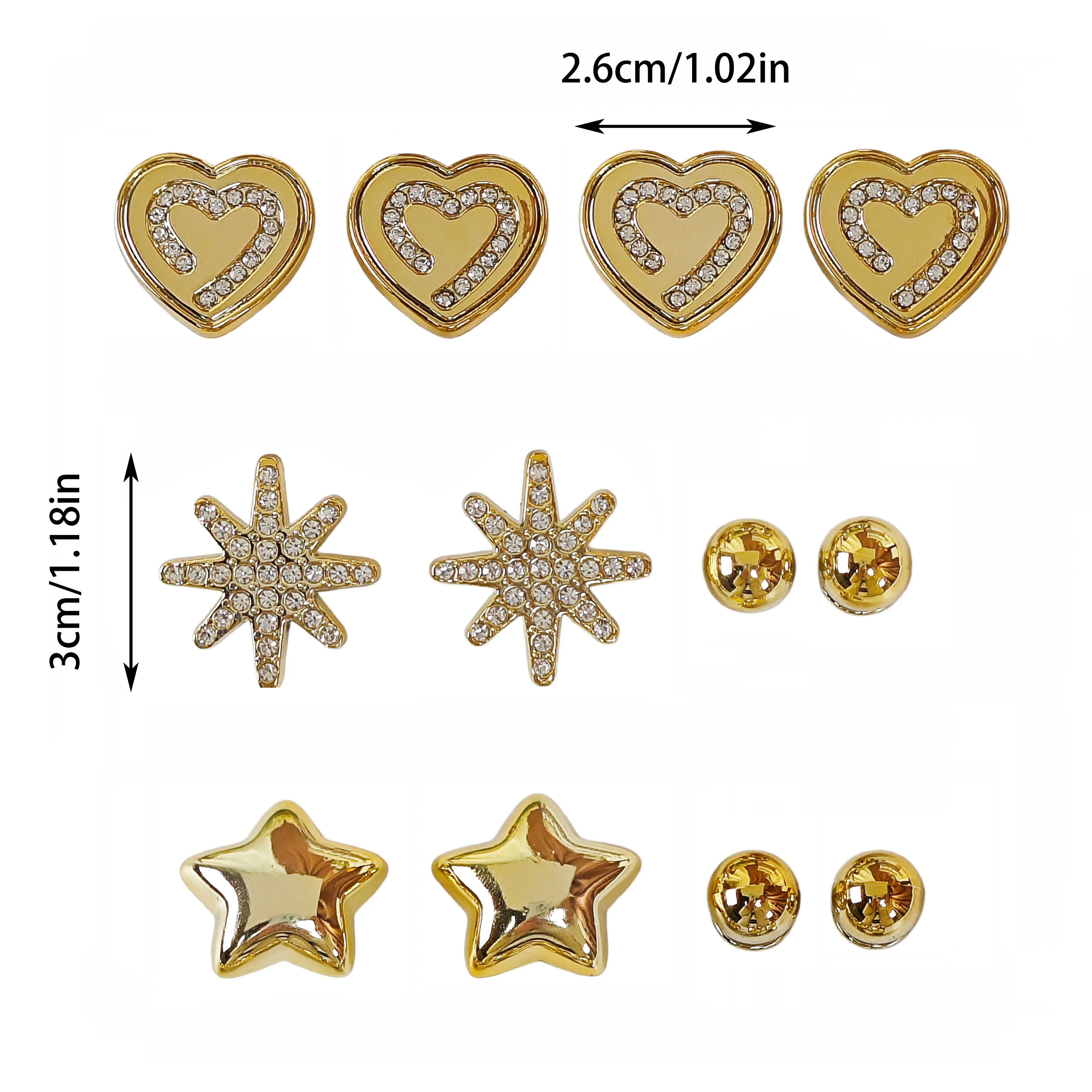 12Pcs DIY Shoe Decoration Charms Shiny Golden Hearts, Star-Shaped Slipper Decoration Clips, Non-Metal Lightweight Material, Y2K Fashion Versatile Cute Personality Accessories for Men and Women, Suitable for Eva Beach Shoes, Sandals, Removable Shoe Decoration, Holiday Gift