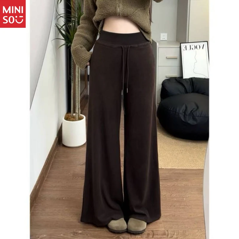 Celana Jogger Fleece Miniso Ukuran Besar, Celana Pinggang Elastis Lembut, Celana Olahraga Model Flare 2025