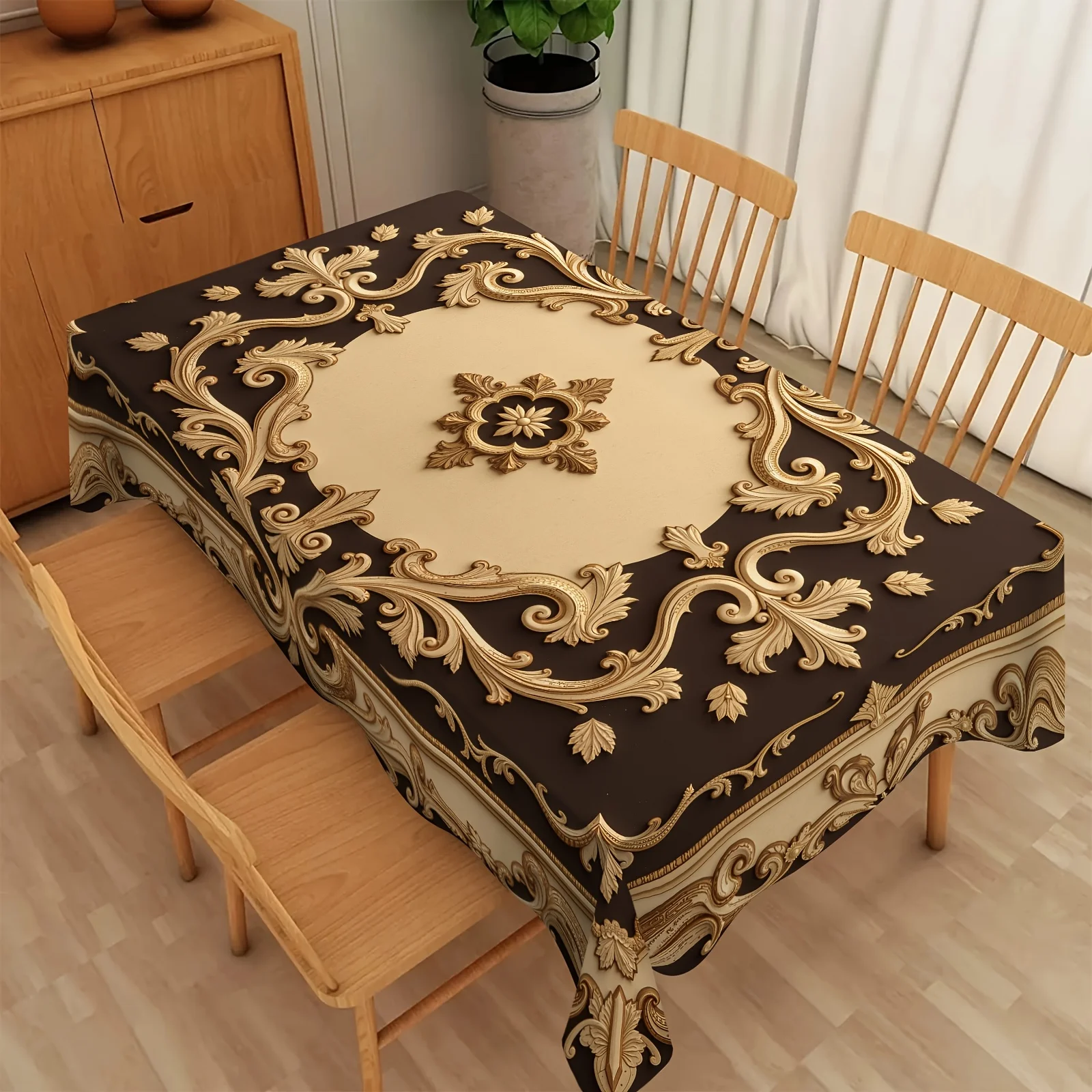 The luxurious Baroque-style tablecloth showcases the Baroque style applied to the dining table.zyc