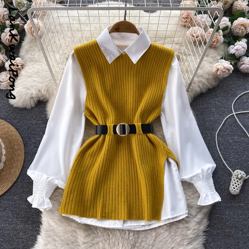 LKF Light Luxury Ladies Dress Set Women's Loose Long-sleeved White Shirt Top + Slit Knitted Vest Vest Two-piece Set