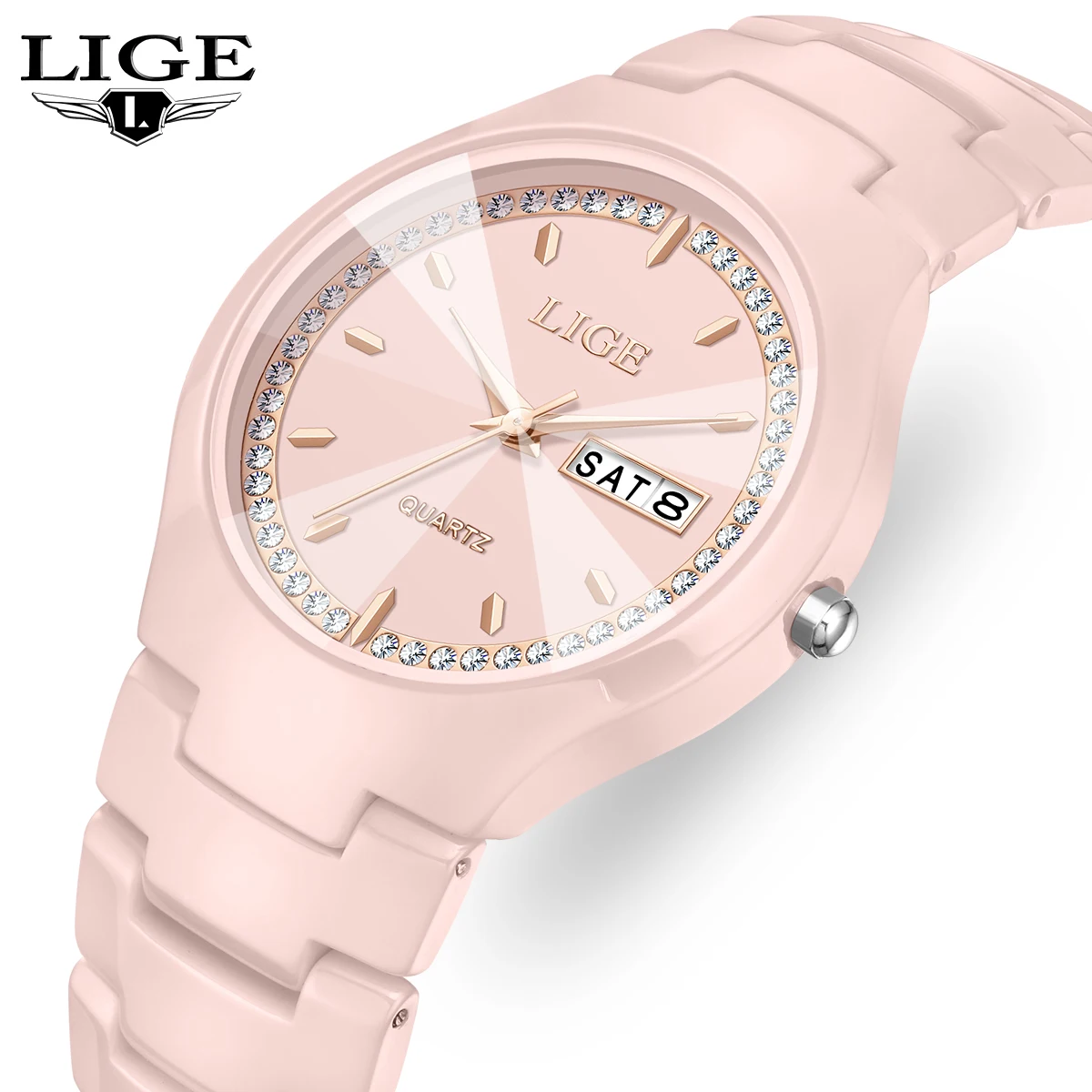 

LIGE 2026 NEW Watch women elegant women's watch ceramic waterproof pink clock week calendar fashion quartz Watch for Women+BOX