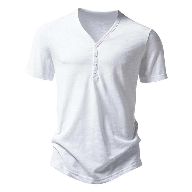 2026 Herren V-Ausschnitt Bambusfaser T-Shirt Mittelstreifen 4-Knopf Kurzarm Eng Anliegend Atmungsaktiv Lässig Sommer Alltags-Oberteil – Detail 2