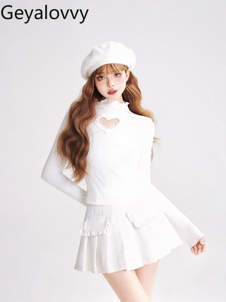 

Half Turtleneck Long Sleeve Base Shirt for Women Autumn Winter Heart Lace Hollow Slim Fit T-Shirt Fashion Casual Top Femme