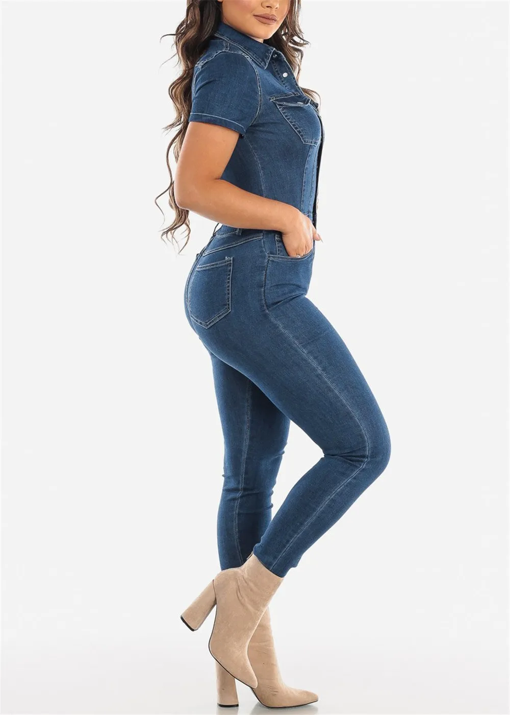 Jeans Stretch tuta donna Sexy colletto rovesciato Skinny Blue Denim tuta Casual pagliaccetti