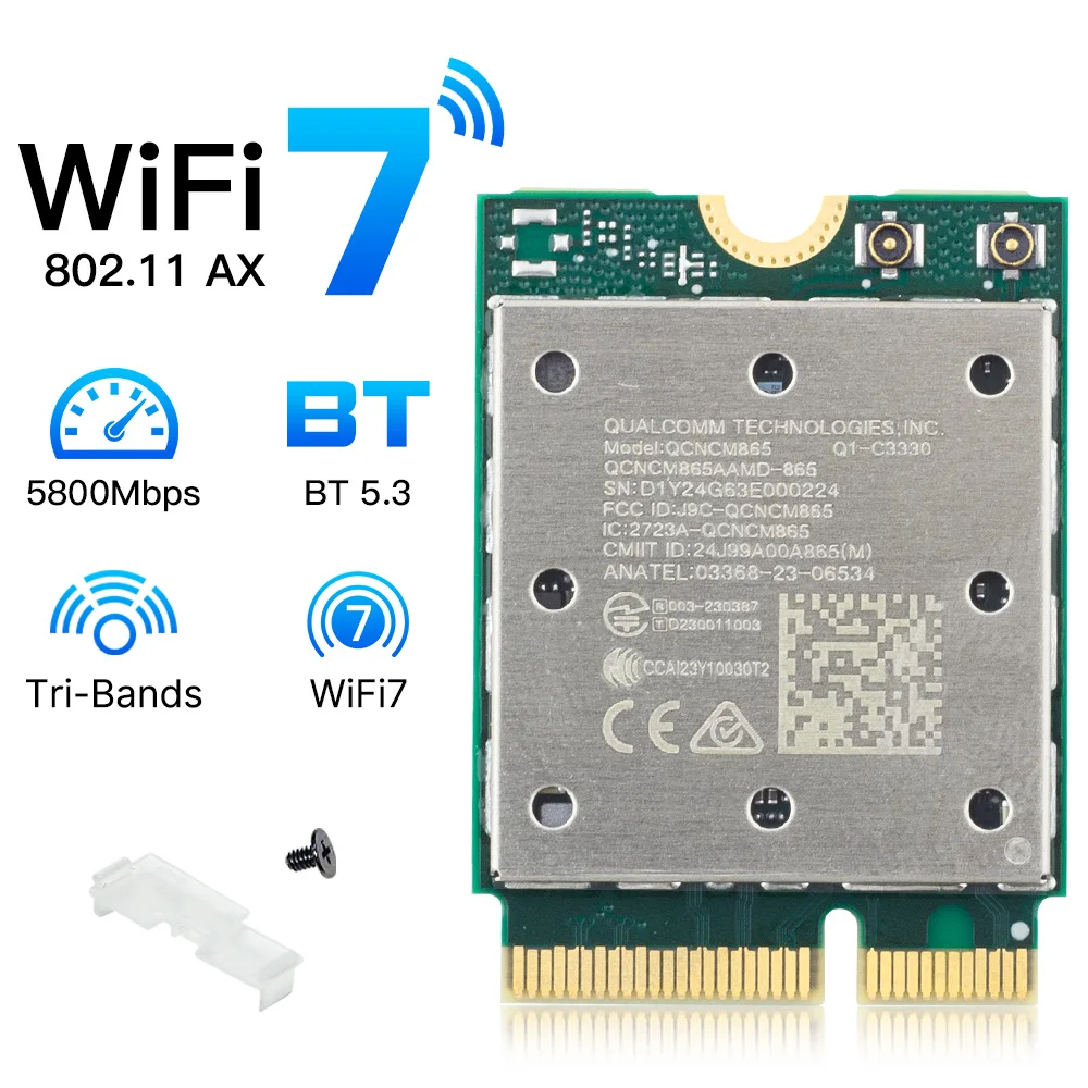 FENVI WiFi7 QCNCM865 Bluetooth 5.3 Wireless WiFi Card Tri Band 2.4G/5G/6Ghz Network 802.11ax M.2 NGFF Wireless Adapter For Win11